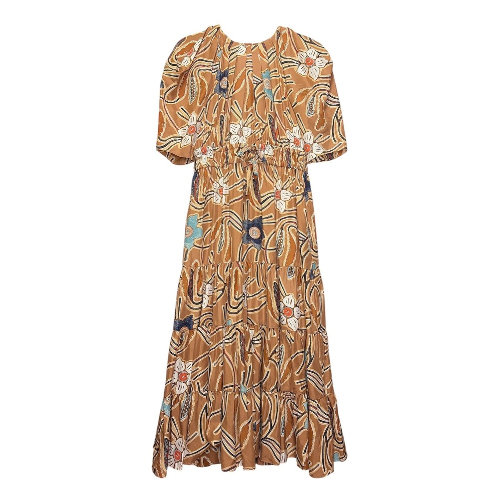Ulla Johnson Zeenat Silk‎ Floral Batik Tiered Midi Dress Puff Sleeve Copper Sz 4 - Picture 6 of 12